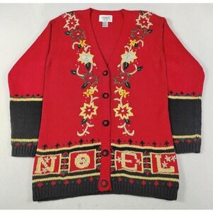 Vintage Cervelle Cardigan Sweater Womens Small Red‎ Noel Poinsettia Christmas